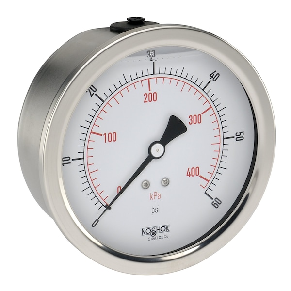 Pressure Gauge, 4" 304SS Case, Copper Alloy Internals, 1000 psi/kPa, 1/4 NPT Male Back Conn, Glycerin Filled, 304SS Bezel & U-Clamp